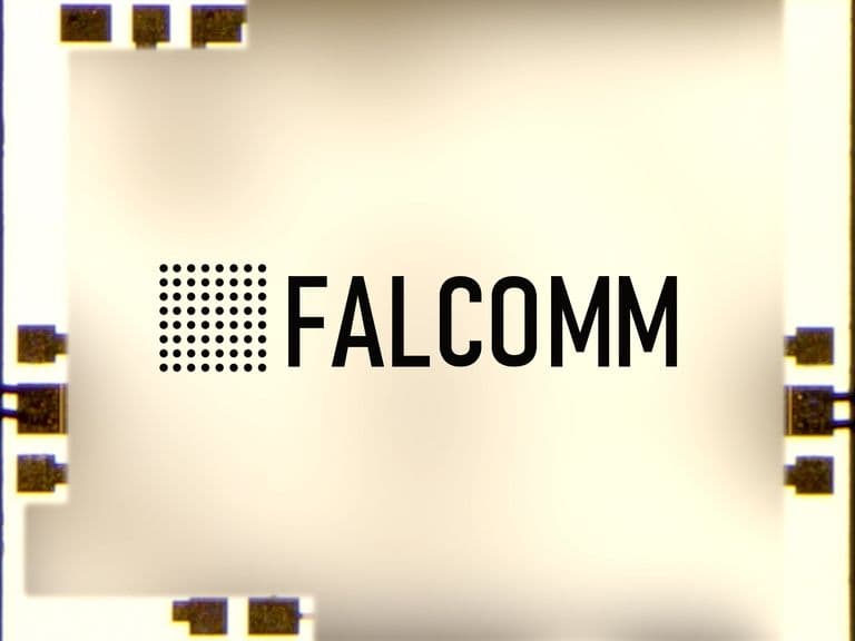 Micrograph of a Falcomm bare power amplifier die with the Falcomm mark on the top metal
