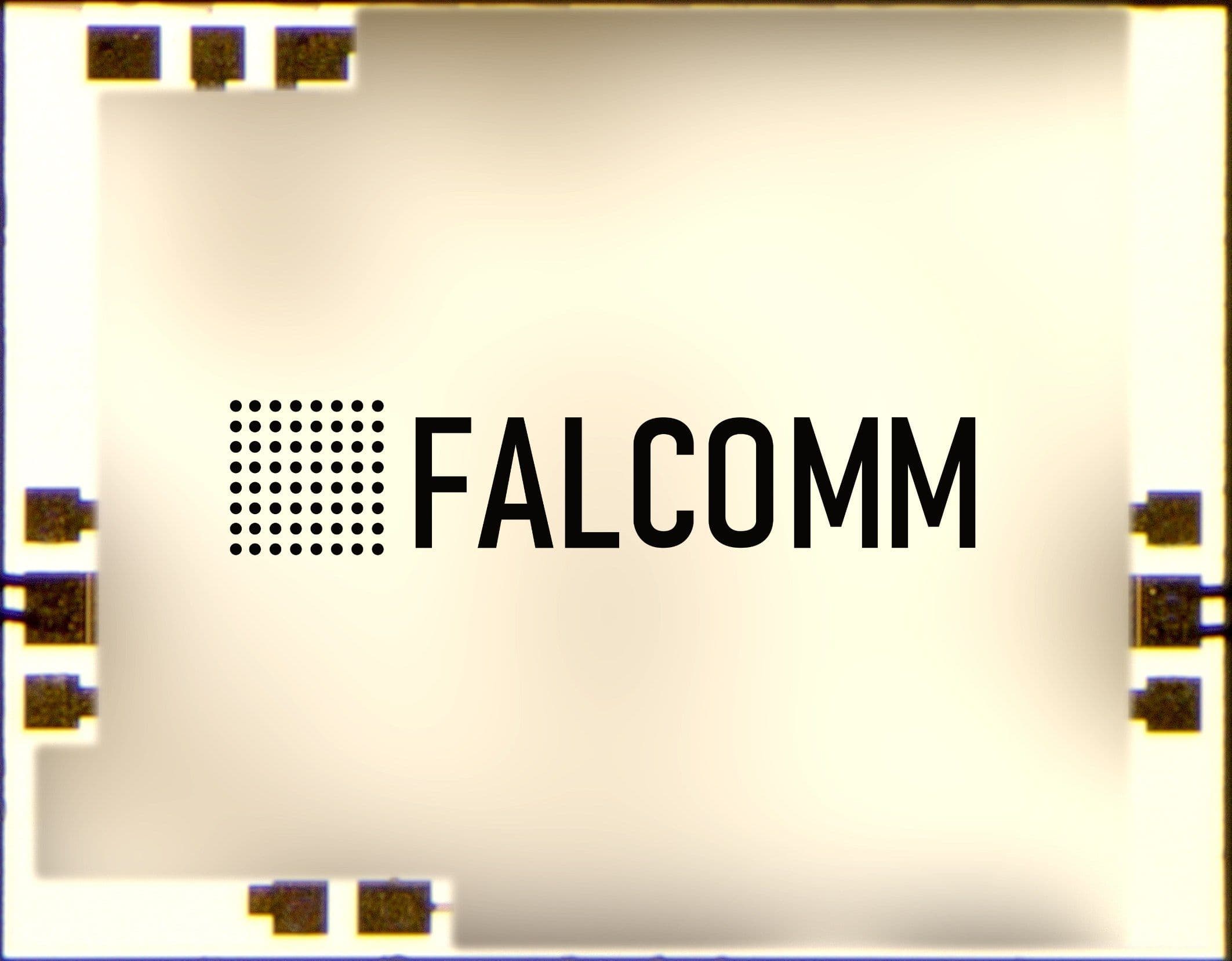 Micrograph of a Falcomm bare power amplifier die with the Falcomm mark on the top metal