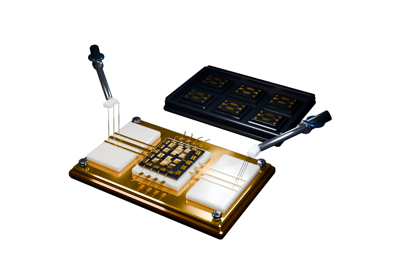 Custom PA test fixture with a thin dark silicon die, gold interconnects, RF probes, and a separate tray of bare dies