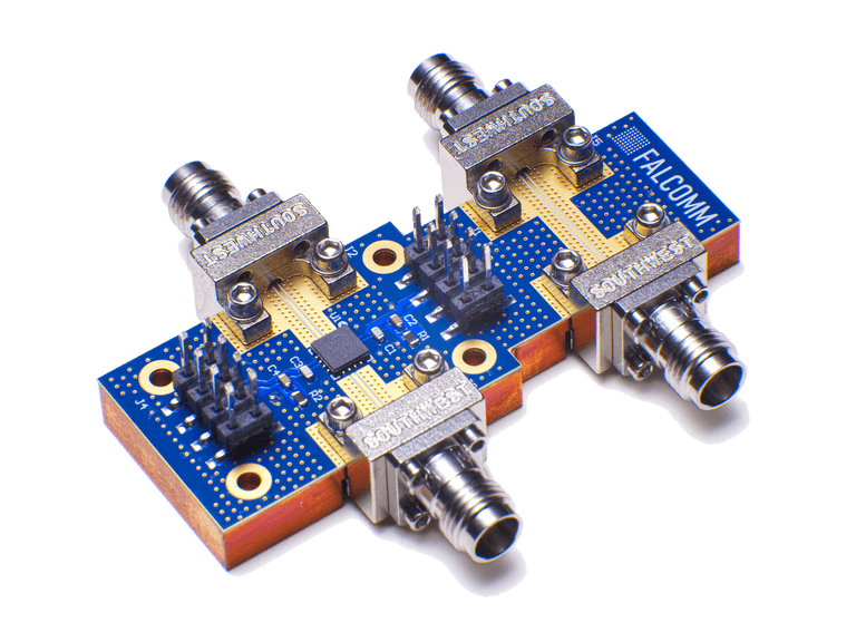 Falcomm K-band GaN evaluation board with Southwest connectors, cut out on transparency