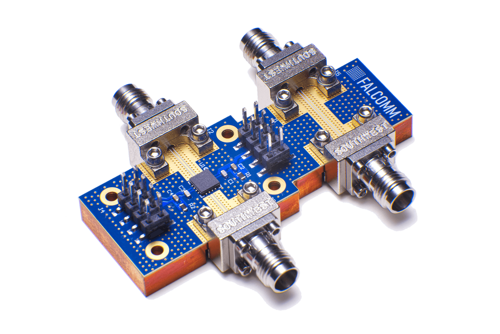 Falcomm K-band GaN evaluation board with Southwest connectors, cut out on transparency