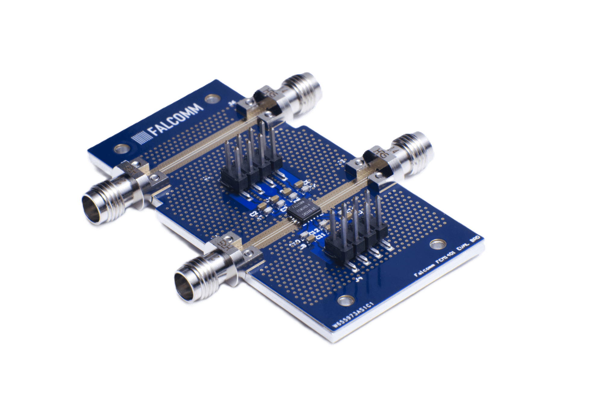 Falcomm evaluation board photographed on a transparent background