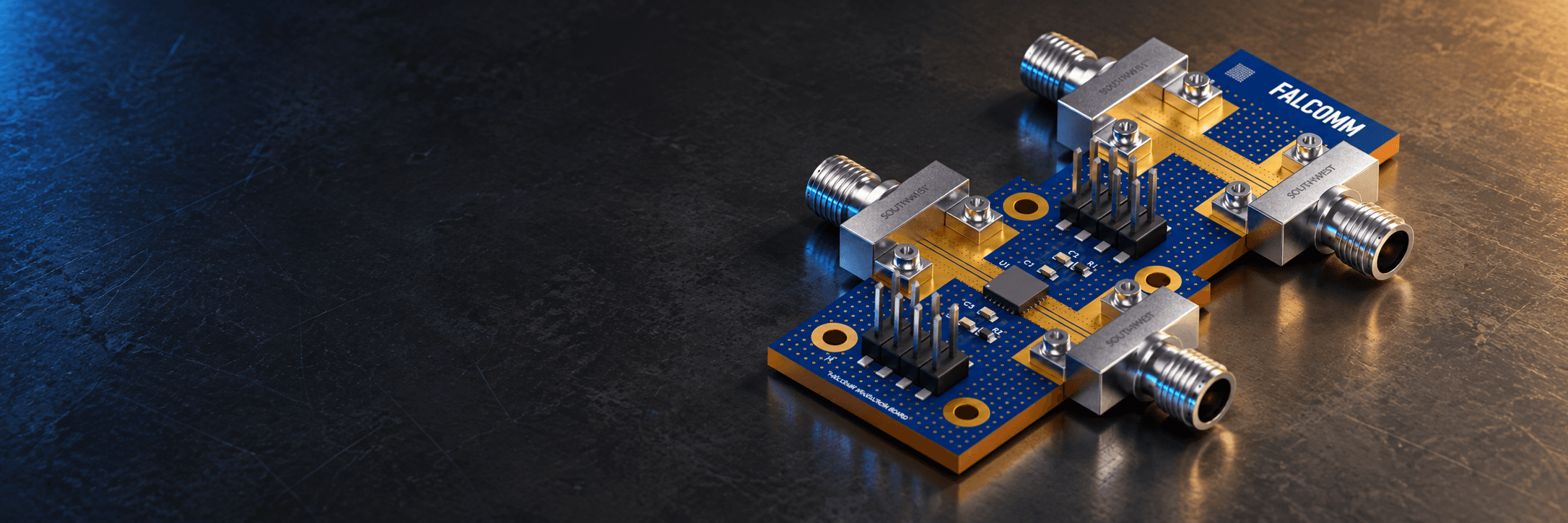 Illustrative Falcomm evaluation board on a dark RF engineering workbench