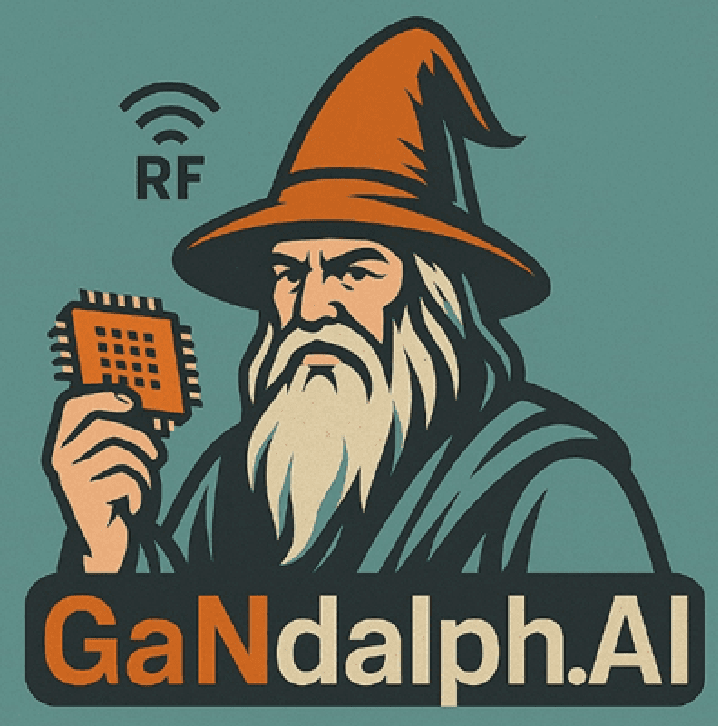 GaNdalph.ai wizard mascot holding an RF chip