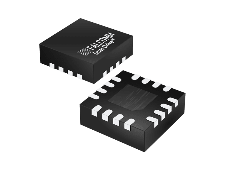 Falcomm Dual-Drive QFN package shown from above and below, cut out on transparency