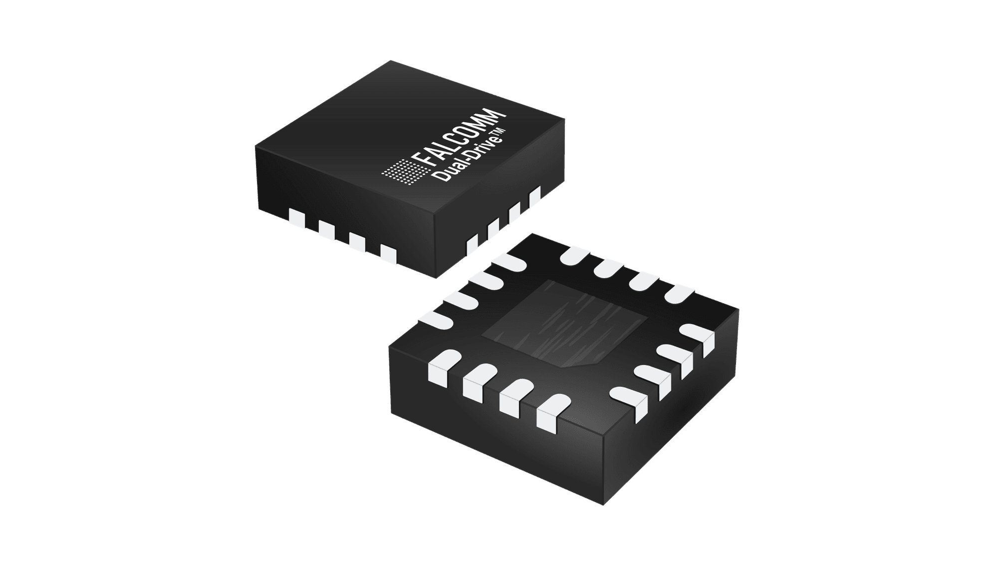 Falcomm Dual-Drive QFN package shown from above and below, cut out on transparency
